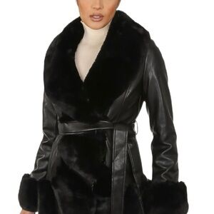 Women's Black Faux Fur Trim Leather Coat